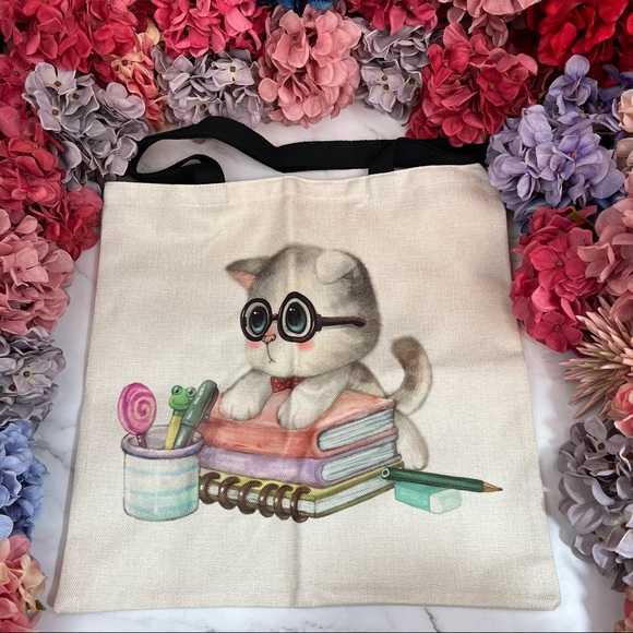 Eco-Friendly Bookworm Kitten Folding Tote Bag - Picture 5 of 15